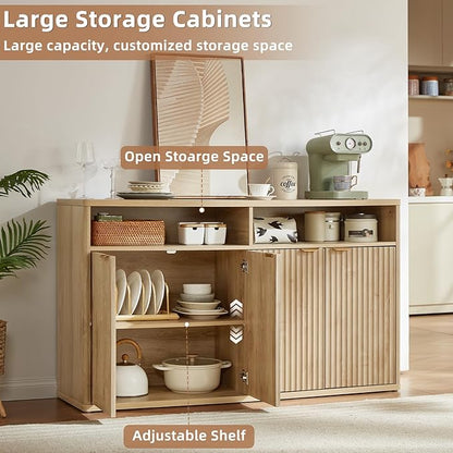 LEYAOYAO Fluted Buffet Cabinet with Storage, 55" Wide Wood Sideboard Credenza with 4 Doors & Open Storage Shelf, Kitchen Entryway Accent Table, Modern Console Cabinets for Dining Room, Natural Oak