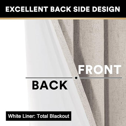 PrinceDeco Primitive Textured Linen 100% Blackout Curtains for Bedroom/Living Room Energy Saving Window Treatment Curtain Drapes, Burlap Fabric with White Thermal Insulated Liner (52 x 96in, Natural)