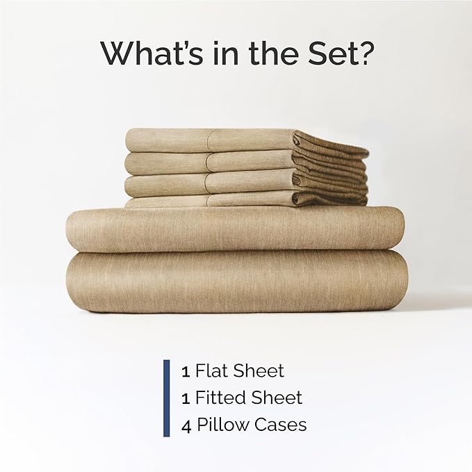 Full 6 Piece Sheet Set - Cooling, Comfy & Breathable - Hotel Luxury Bedding, Includes Fitted Sheet for Women, Men, Kids & Teens - 1 Flat, 1 Fitted Sheet, 4 Pillowcases w/Deep Pockets - Heathered Tan