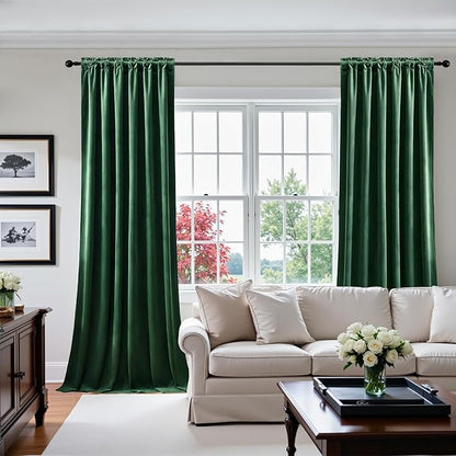 AUSSPVOCT Green Velvet Curtains 96 Inches for Bedroom, Thermal Insulated Super Soft Room Darkening Curtains Luxury Window Drapes for Dining Room, Back Tab Rod Pocket, W52 x L96, Dark Green, 2 Panels