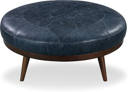 POLY & BARK Gio Ottoman – 30” Round with Feather-Down Topper – Full-Grain Leather Upholstery – Couch Ottoman for Living Room – Vintage Italian Leather in Midnight Blue