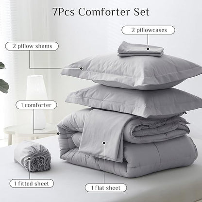 JOLLYVOGUE California King Comforter Set, Ultra-Soft Bed in a Bag Cal King Size 7 Pieces, Oeko-TEX Certified Bedding Set with Down Alternative Comforter, Sheets, Pillowcases & Shams, Light Grey