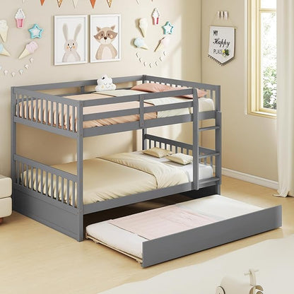 KOMFOTT Wood Full Over Full Bunk Bed with Trundle, Wooden Bed Frame with Ladder, Solid Wood Frame & Safety Guardrails, Space-Saving Bunk Bed for Teens & Adults, No Box Spring Needed