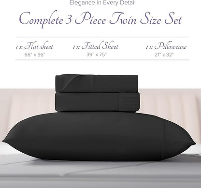 Carressa Linen 100% Egyptian Cotton Twin Sheets Set - 600 Thread Count Egyptian Cotton Luxury Twin Sheets (3 PC, Black), 16" Deep Pocket, Soft, Cooling, Sateen Weave College Dorm Room Bedding