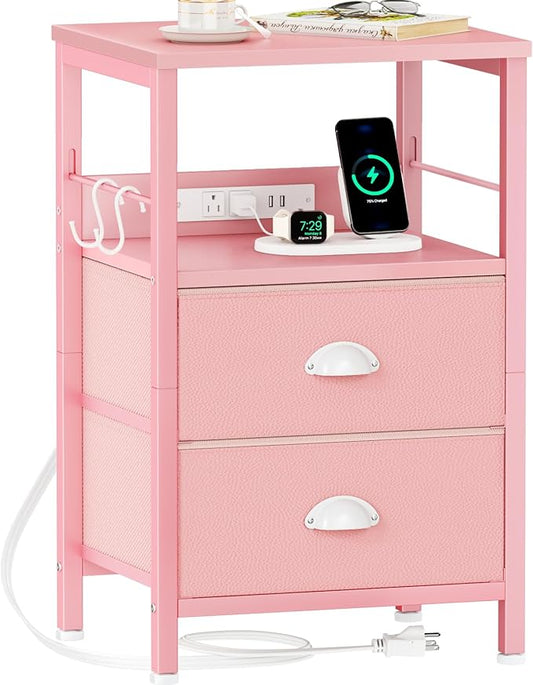 Furologee Nightstand with Charging Station, Night Stand with 2 Fabric Drawers, Side Table with USB Ports, End Table with Storage Shelf, for Living Room/Bedroom, Pink