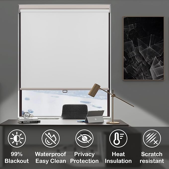 HESTIA No Drill Cordless Blackout Roller Shades Screwless Waterproof Shower Window Blinds, Auto-Retraction Easy Install Blind for Bathroom/Kitchen/Office/Exterior, White, 25" W x 54" H