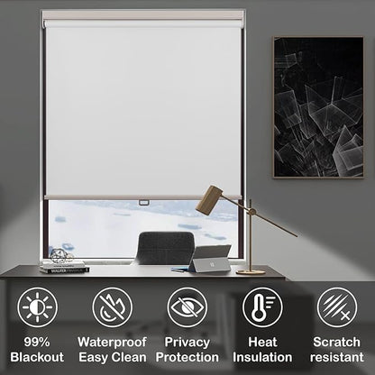 HESTIA No Drill Cordless Blackout Roller Shades Screwless Waterproof Shower Window Blinds, Auto-Retraction Easy Install Blind for Bathroom/Kitchen/Office/Exterior, White, 26.5" W x 54" H