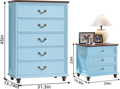24" Wide Farmhouse Nightstand Set of 2, 45" Tall Rustic Chests of 5 Drawers w/ 4 Solid Wood Feet, Farmhouse Furniture Series for Living Room,Bedroom,LightBlue