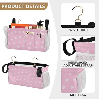 Bedside Caddy Hanging Bunk Bed Caddy Bed Organizer Hanging Pocket with 2 Hooks Bedside Storage Organizer Pocket Bag Holder Heart Pink
