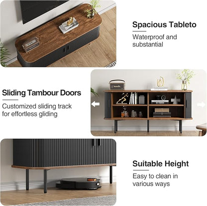 55''W Black Cabinet with Storage, Media Console, Tambour TV Stand, Television Stands with Curvy Edge; Sliding Door, Fluted Cabinet, Buffet Sideboard, Credenza, Table Stand for Living Room, Kitchen