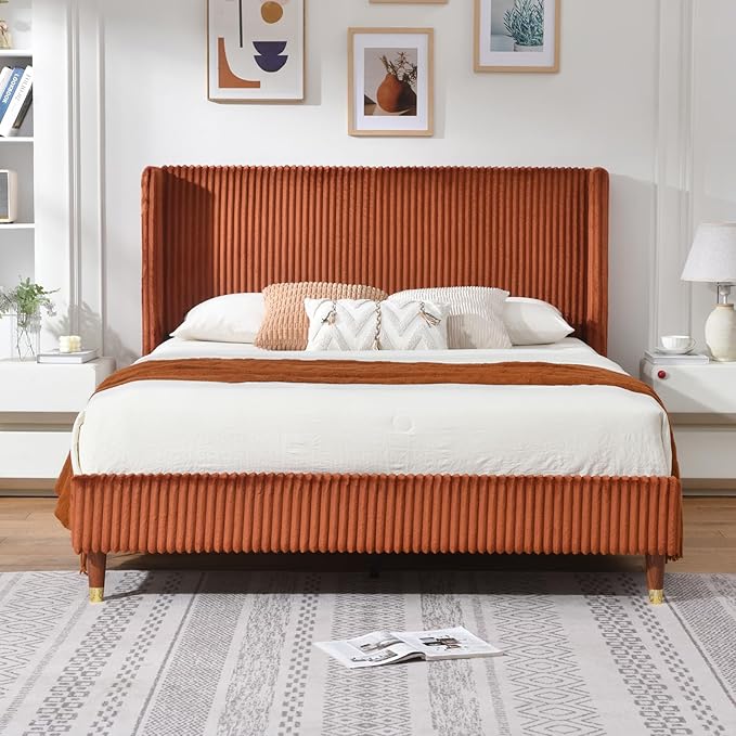 PINJU Full Size Bed Frame, Upholstered Platform Bed with Modern Vertical Striped Wingback Headboard with Wooden Slats, Easy to Assemble No Noise Free (OCHER, Full)