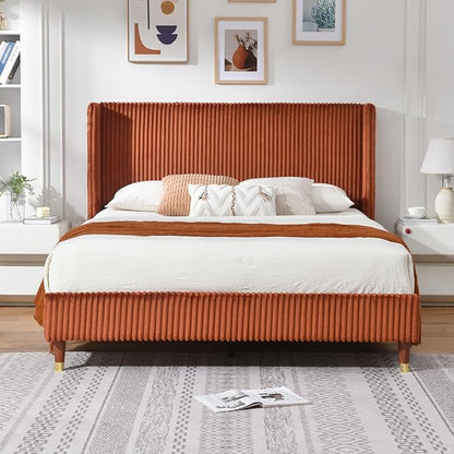 PINJU Full Size Bed Frame, Upholstered Platform Bed with Modern Vertical Striped Wingback Headboard with Wooden Slats, Easy to Assemble No Noise Free (OCHER, Full)