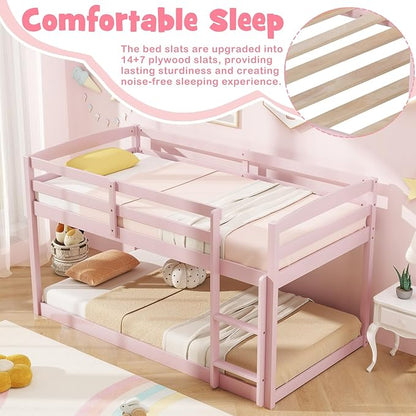 KOMFOTT Low Bunk Bed Twin Over Twin, Solid Wood Twin Bed Frame with Built-in Ladder & Safety Guardrails, Space-Saving Low Bunk Bed for Kids, Teens, No Box Spring Needed