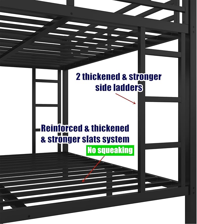 Higher Quality & Stronger Heavy Duty Metal Bunk Bed Frame Queen Over King Size for Adults Teens, Thickened More Stable Steel Bunkbed (Queen Over King)