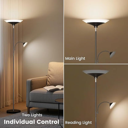 RGB Torchiere Floor Lamp - 2 Way Dimmable LED Standing Lamp with Remote&Button Control, 34W Rotatable Floor Reading Light, 72'' Tall Modern Corner Lamp for Living Room Bedroom Office, Black