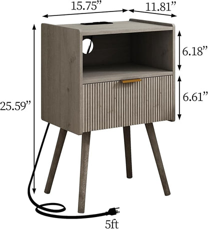 Nightstand with Outlet,Modern Bedside Table with Storage Drawer and Open Wood Shelf, for Living Room, Bedroom and Small Spaces, Accent Night Stand with Solid Wood Legs, Easy Assembly,Grey Oak