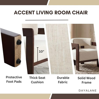 Beige Barrel Accent Chair, Cozy Upholstered Linen Living Room Chair for Bedroom, Walnut Wood Frame, Vintage Modern Lounge Reading Chair for Apartment Waiting Room Office,1 PCS, Beige