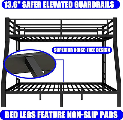 Upgraded Version Thickened Metal Heavy-Duty Queen Over King Bunk Bed, Best Modern Style Stronger King Size Bunk Bed Frame with Ladder for Adults, Easy Assembly (Queen Over King)