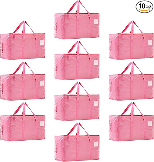 Moving Bags Heavy Duty Extra Large, Moving Boxes, Moving Supplies Essentials,Storage Bins with Lids, Plastic Packing Totes, Storage Bags for Clothes with Handles & Zippers(Pink, 10 Pack)