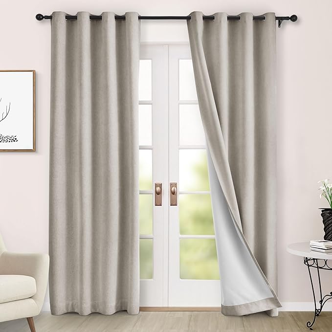Macochico 100% Blackout Chenille Curtains Thermal Insulated Noise Reducing Velvet Draperies for Living Room Bedroom Hotel Beige Taupe Blackout Curtains Grommet Top with Tieback 84" Wx84 L 1 Panel