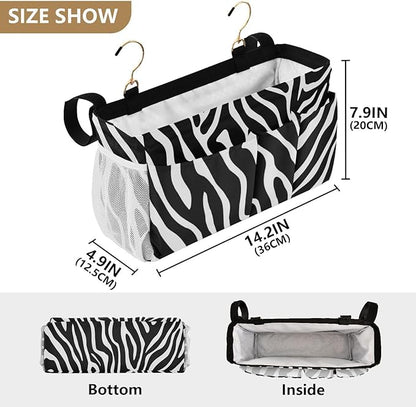 Bedside Caddy Hanging Bunk Bed Caddy Bed Organizer Hanging Pocket with 2 Hooks Bedside Storage Organizer Pocket Bag Holder White Black Zebra Print