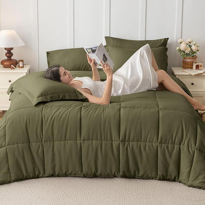JOLLYVOGUE King Comforter Set, Ultra-Soft Bed in a Bag King Size 7 Pieces, Oeko-TEX Certified Bedding Set with Down Alternative Comforter, Sheets, Pillowcases & Shams, Olive Green