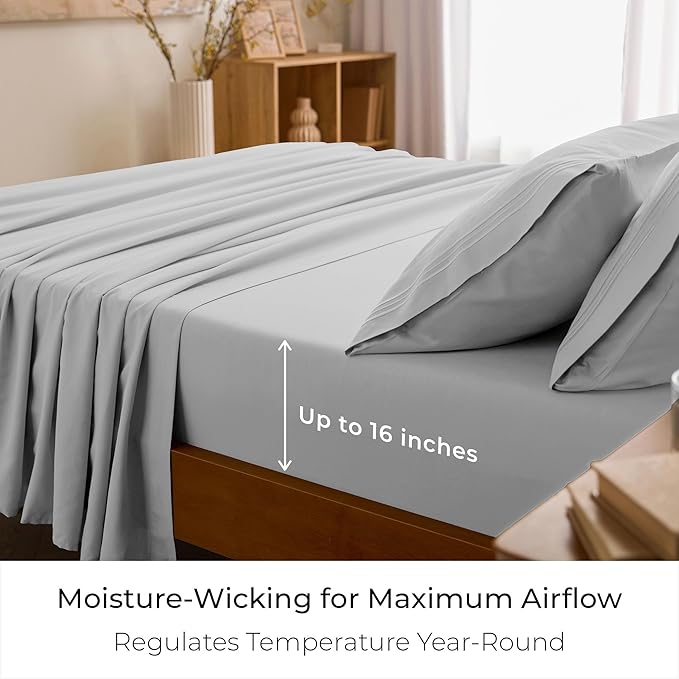 Mellanni California King Sheet Set - 6-Piece Iconic Collection Bedding, (Including 4 Pillowcases), 16-Inch Deep Pocket, Easy Care, Extra Soft, Cooling Sheets, Brushed Microfiber - Light Gray