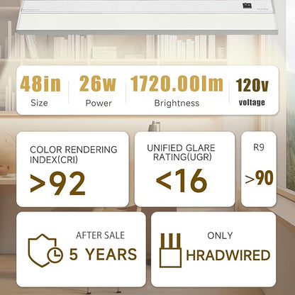 Ansen Hardwired Under Cabinet Lighting, 48in 26W LED Light for Kitchen/Closet, 1720lm, CRI>92, R9>90, Dimmable, 3 Color Temperature, 3000K/4000K/5000K(Warm White, Cool White, Daylight)