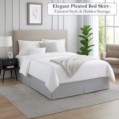 Queen Bed Skirt, Luxury 12 Inch Drop Light Grey Pleated Bed Skirt, Double Brushed Microfiber, Box Pleat Design, Wrinkle & Fade Resistant, Easy Fit Tailored Bedskirt for Queen Size Beds
