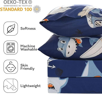 JSD Blue Shark Surfing Kids Sheet Set Twin Size, 3 Piece Nautical Printed Microfiber Sheets Deep Pocket