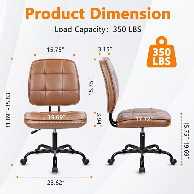 CLATINA Armless Home Office Chair with Lumbar Support and Wheels, Small PU Leather Ergonomic Low Back Desk Chairs No Arms, Adjustable Height 360° Swivel Rolling Computer Task Chair, Brown, 4 Pack