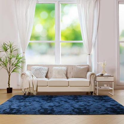 duduta Navy Blue Fluffy Bedroom Rug 3x5 ft, Tie-Dye Shag Plush Area Rug for Nursery Playroom Dorm Living Room Decor