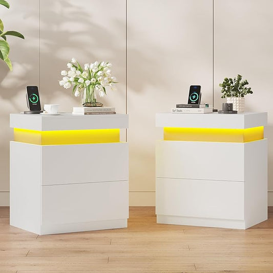 ADORNEVE White Nightstand Set of 2,Night Stand with Charging Station & LED Light & Sliding Top,Bedside Table with Drawers,Modern Bed Side Tables Bedroom