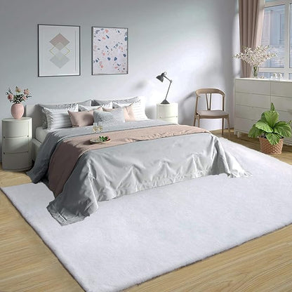 Latepis White Fluffy Rug 8x10 Faux Rabbit Fur Area Rugs for Living Room Washable Fuzzy Plush Shag Rug for Bedroom Large Shaggy Rugs for Nursery Home Decor