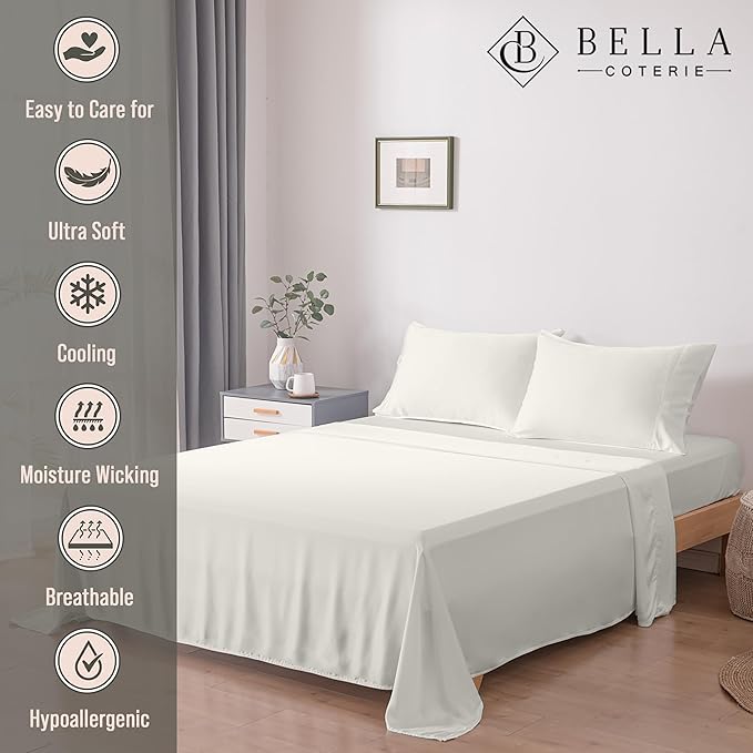 Bella Coterie Luxury Bamboo Viscose Queen Size Sheet Set | 100% Organically Grown | Ultra Soft | Cooling for Hot Sleepers | 18" Deep Pocket [Ivory]