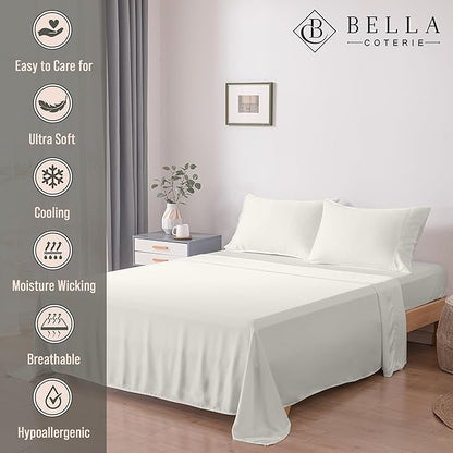 Bella Coterie Luxury Bamboo Viscose King Size Sheet Set | 100% Organically Grown | Ultra Soft | Cooling for Hot Sleepers | 18" Deep Pocket [Ivory]