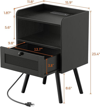 SUPERJARE Nightstand with Charging Station, Bedside Table with Texilene Surface Drawers, Rattan Side Table with Storage & Solid Wood Feet, End Table for Bedroom, All Black