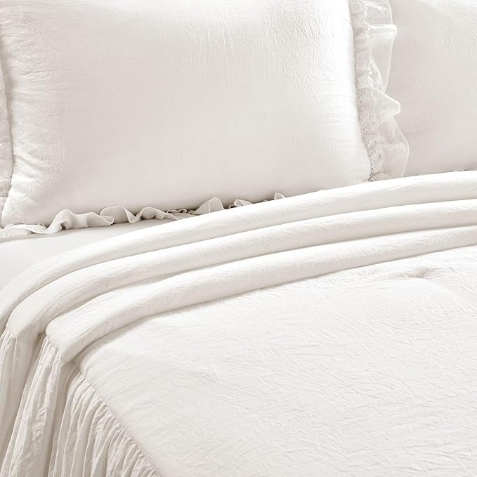 Lush Decor Ella Ruffle Lace Bedspread, 3 Piece Set, Queen, Neutral - Cute Bed Set - Queen Bedding - Beige Bedding - Coquette Decor - Neutral Ruffle Trim - Beige Lace Trim