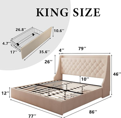 iPormis King Bed Frame with 4 Storage Drawers, Upholstered Platform Bed Frame with Type-C & USB Ports, Wingback Storage Headboard, Solid Wood Slats, No Box Spring Needed, Beige