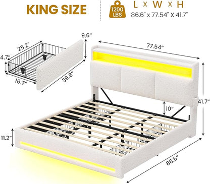 VIAGDO King Bed Frame with Storage Headboard and Charging Station, Boucle Upholstered Bed Frame King Size with 4 Drawers and LED Lights, Type C and USB, No Box Spring Needed, Cream White