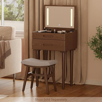 Solid Wood Small Vanity Desk with Mirror and Lights, Narrow Makeup Vanity for Small Space, Flip Top Vanity Side Table, 3 Color Modes & Adjustable Brightness, 19.6" Slim Dressing Table, Walnut