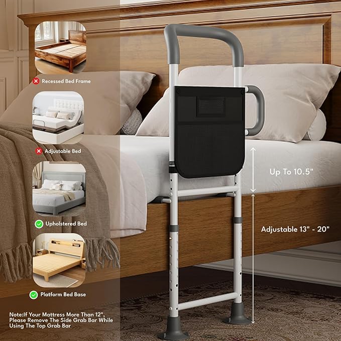 HOMEAL Bed Rails for Elderly Adults Safety, ASTM Approved Adjustable Bedside Assist Rail for Seniors with Sensor Light, Non-Slip Ergonomic Handle & Support Bar, 350lb Tested, Fixing Strap (Grey)