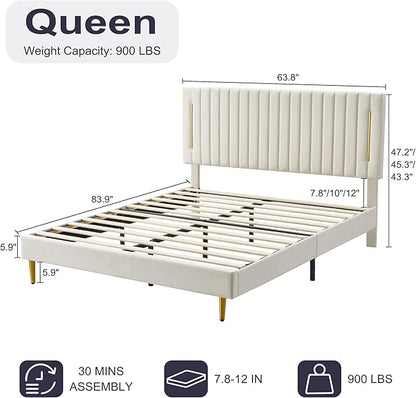 Queen Platform Bed Frame, Velvet Upholstered Bedframe with Vertical Channel Adjustable Headboard, Golden Plating Trim, Mattress Foundation with Wooden Slats, No Box Spring Needed, Beige