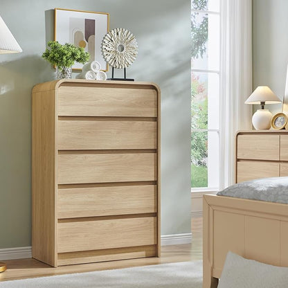 Modern 5 Drawers Dresser for Bedroom, 45" Tall Dressers & Chests of Drawers w/Curved Profile Design, Wood Mid Century Vertical Dresser w/Natural Texture for Bedroom, Living Room, Natural Oak
