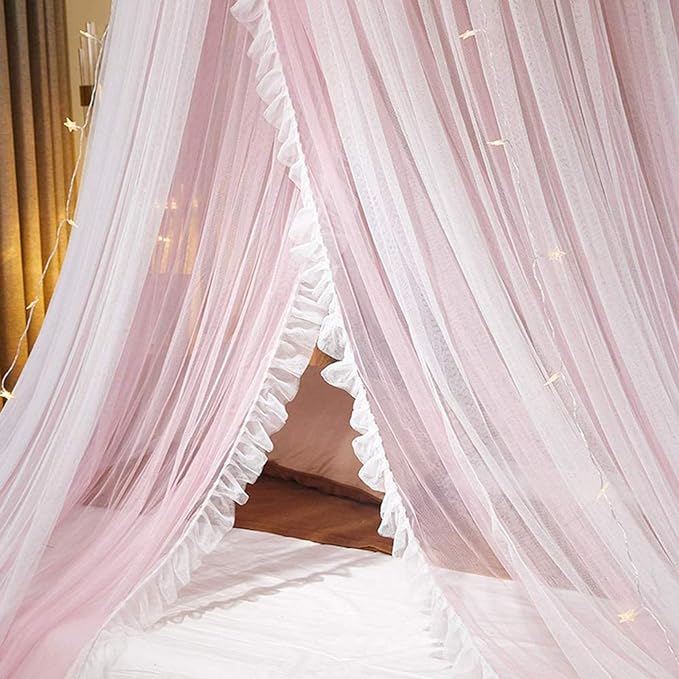 VETHIN Bed Canopy Princess for Girls,Bed Canopy Curtain Double Layer Sheer Mesh Dome Bed Curtain- Round Lace Princess Mosquito Net Tent for Twin Full Queen King Bed(Pink/White)
