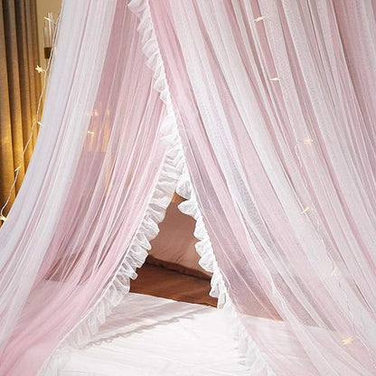 VETHIN Bed Canopy Princess for Girls,Bed Canopy Curtain Double Layer Sheer Mesh Dome Bed Curtain- Round Lace Princess Mosquito Net Tent for Twin Full Queen King Bed(Pink/White)