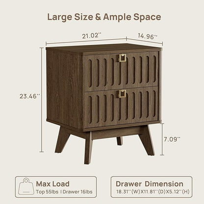 SICOTAS Modern Fluted Nightstand with 2 Drawers, 21" Wide Wood Bedside Table with Gold Handle, Mid-Century End Table for Bedroom, Apartment