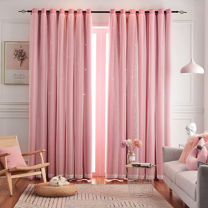 Star Curtains Double Layer Curtains Blackout Curtains for Bedroom Kids Cute 96 Inches Long 2 Panels Set, Pink, 42 X 96 Inches