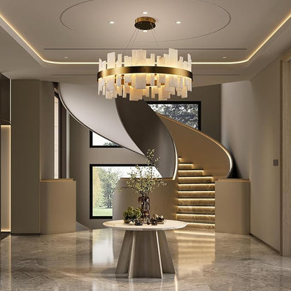 Alabaster Round Chandelier, Natural Spanish Stone Texture Chandeliers, 31.5" Adjustable Alabaster Chandelier Over Table for Living Room, Bedroom, Hallway – Modern Luxury Ceiling Lighting