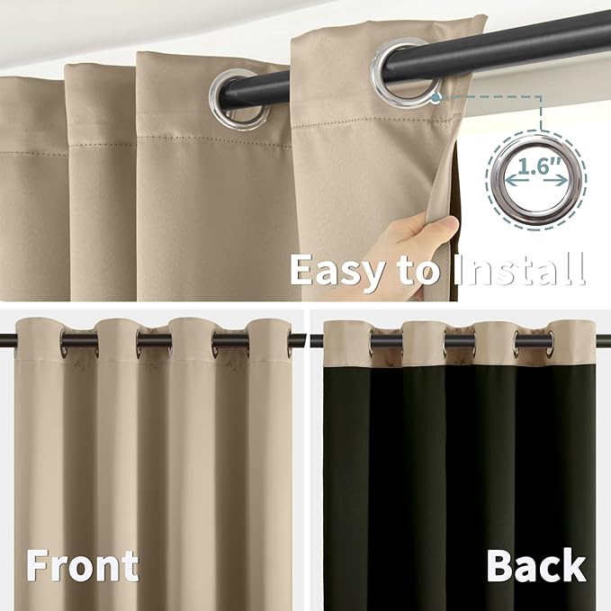 BGment Thermal Insulated 100% Blackout Curtains for Bedroom with Black Liner, Double Layer Full Room Darkening Noise Reducing Grommet Curtain (60 x 63 Inch, Sand, 2 Panels)